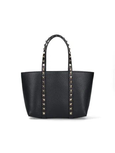 Valentino Garavani Rockstud Mini Tote In Hammered Leather In Black