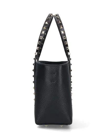 Valentino Garavani Rockstud Mini Tote In Hammered Leather In Black