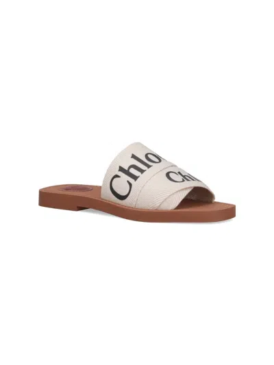Chloé Woody Flat Logo Ribbon Slide Sandals In White