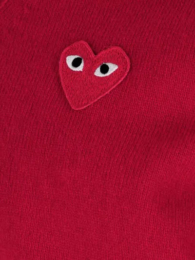 Comme Des Garçons Play V-neck Top With Ribbed Cuffs And Patch In Red