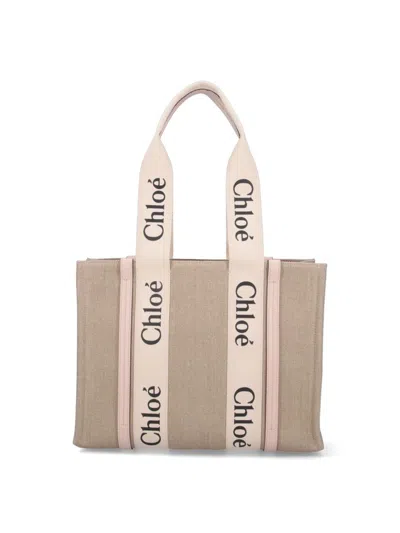 Chloé Linen Medium Tote Bag With Contrasting Straps In Neutrals
