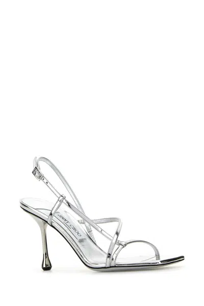 Jimmy Choo High Heel Metallic Sandals With Buckle Strap In Silver