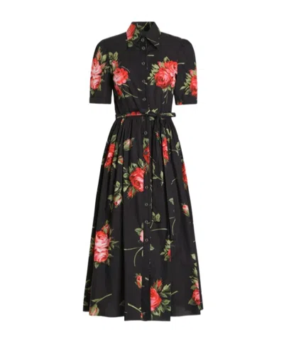 Dolce & Gabbana Belted Gathered Floral-print Cotton-poplin Midi Dress In Black