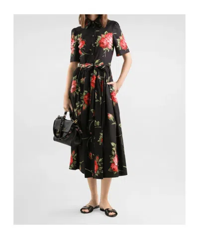 Dolce & Gabbana Belted Gathered Floral-print Cotton-poplin Midi Dress In Black