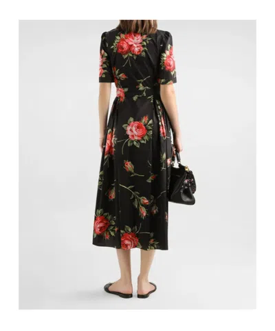 Dolce & Gabbana Belted Gathered Floral-print Cotton-poplin Midi Dress In Black