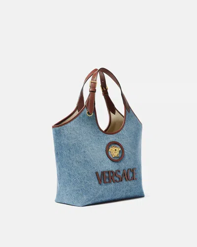 Versace La Medusa Leather-trimmed Denim Tote In Blue