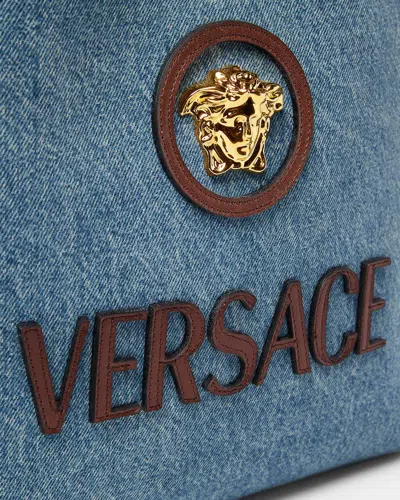 Versace La Medusa Leather-trimmed Denim Tote In Blue