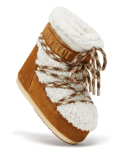 Moon Boot Logo Printed Shearling Lace-up Boots In Brown