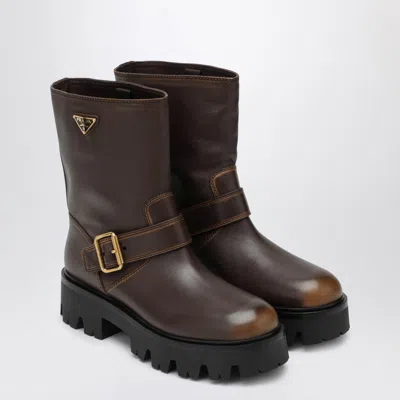 Prada Cocoa-colored Leather Ankle Boots In Brown