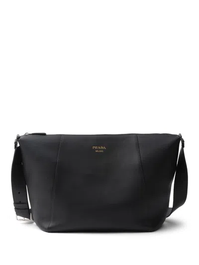 Prada Logo Print Leather Messenger Bag In Black