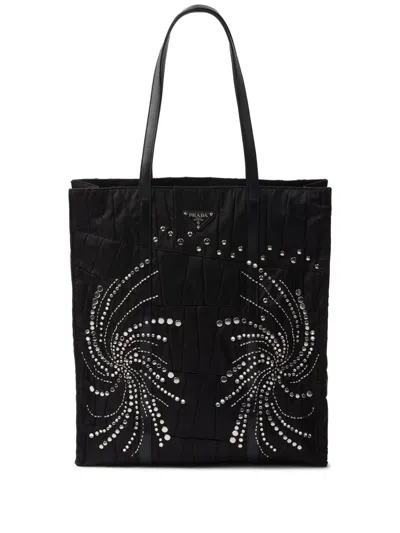 Prada Patch Embroidered Quilted Tote Bag In Black