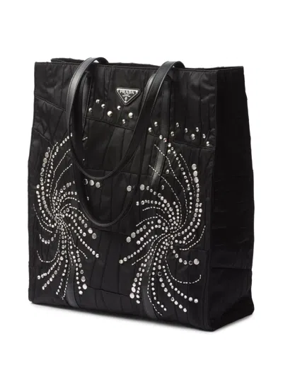 Prada Patch Embroidered Quilted Tote Bag In Black