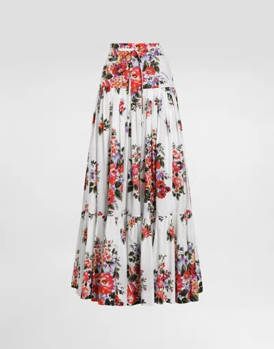 Dolce & Gabbana White Long Skirt With Floral Print And Elasticated Waistband In Cotton Woman