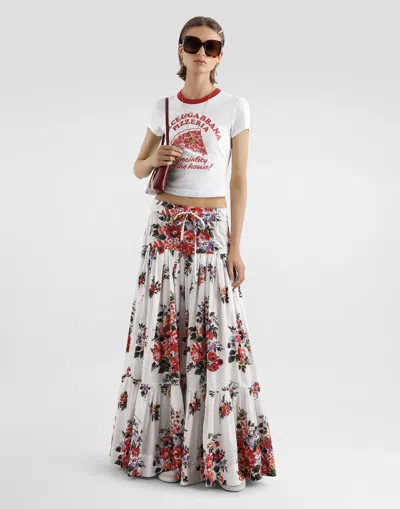 Dolce & Gabbana White Long Skirt With Floral Print And Elasticated Waistband In Cotton Woman