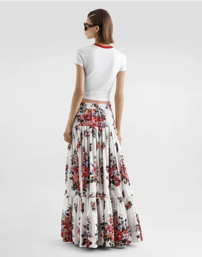 Dolce & Gabbana White Long Skirt With Floral Print And Elasticated Waistband In Cotton Woman