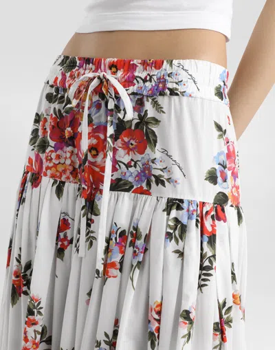 Dolce & Gabbana White Long Skirt With Floral Print And Elasticated Waistband In Cotton Woman
