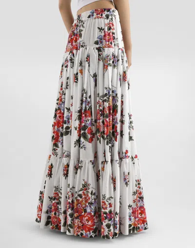 Dolce & Gabbana White Long Skirt With Floral Print And Elasticated Waistband In Cotton Woman