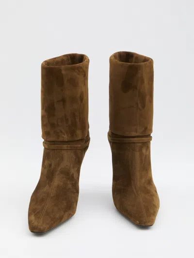 Saint Laurent Niki Suede Ysl Stiletto Ankle Booties In Brown
