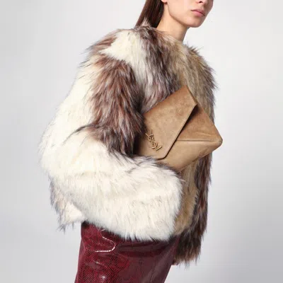 Saint Laurent Camel Suede Large Envelope Clutch In Brown