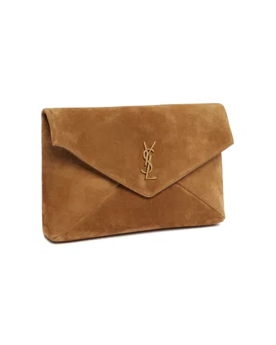 Saint Laurent Camel Suede Large Envelope Clutch In Brown