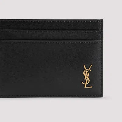 Saint Laurent Tiny Cassandre Credit Card Case In Shiny Leather In Black