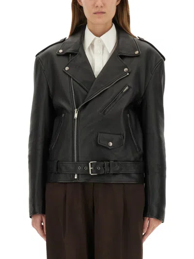 Saint Laurent Belted Leather Zip-up Jacket In Black