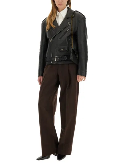 Saint Laurent Belted Leather Zip-up Jacket In Black