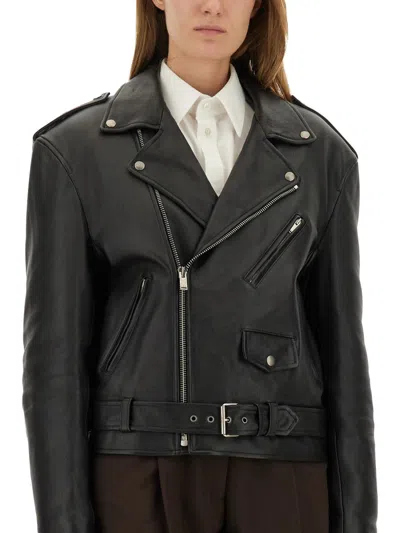 Saint Laurent Belted Leather Zip-up Jacket In Black