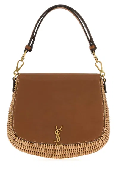 Saint Laurent Two-tone Wicker And Leather Voltaire Handbag In Brown