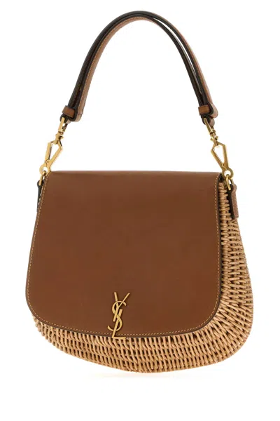 Saint Laurent Two-tone Wicker And Leather Voltaire Handbag In Brown