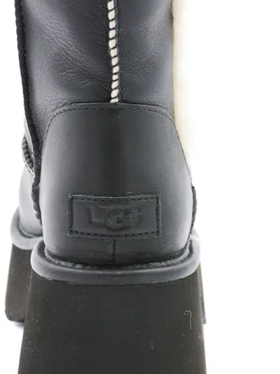 Ugg Fur-trimmed Black Leather Platform Boots With Block Heel In Multi