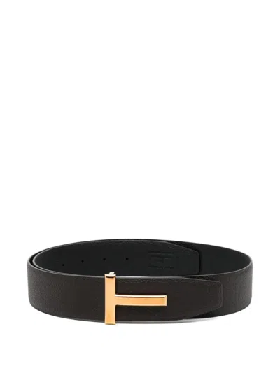 Tom Ford Brown Belt With T-plaque On The Front In Grained Leather Man In Black