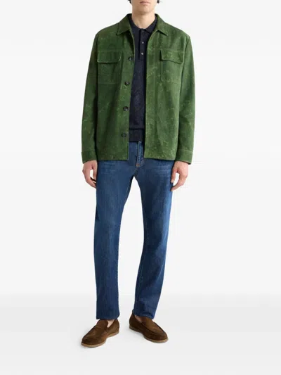 Etro Leather Jacket Collared Design Front Pockets In Green