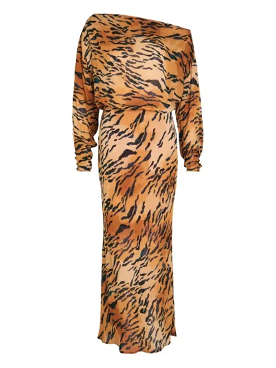 Never Fully Dressed Tilly Tiger-print Chiffon Midi Dress In Brown