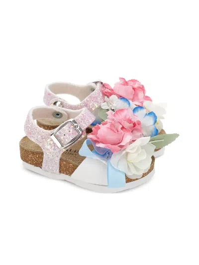 Monnalisa Flower-appliqué Glitter Sandals In Multi
