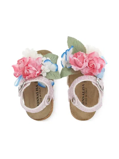 Monnalisa Flower-appliqué Glitter Sandals In Multi