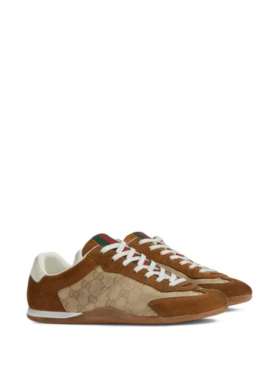 Gucci Shift Suede Sneakers With Gg Supreme Fabric Inserts In Brown