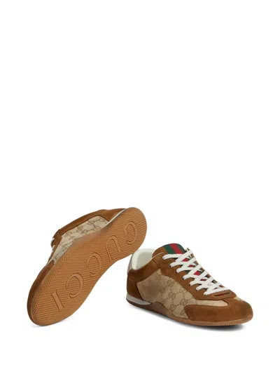 Gucci Shift Suede Sneakers With Gg Supreme Fabric Inserts In Brown