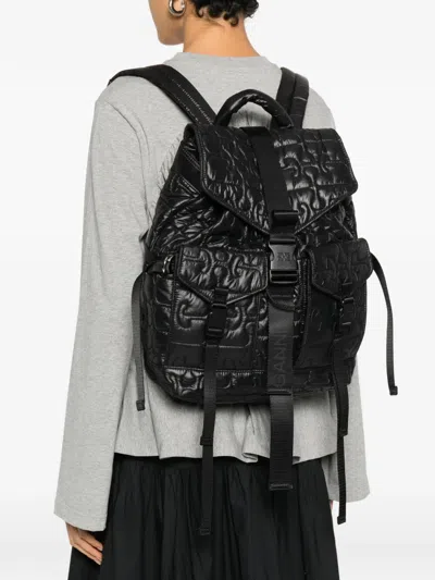 Ganni Quilted Backpack With Buckle Closure And Adjustable Straps In Black