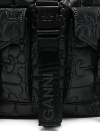 Ganni Quilted Backpack With Buckle Closure And Adjustable Straps In Black