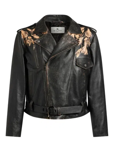 Etro Leather Biker Jacket With Placed Leopard Print In Black