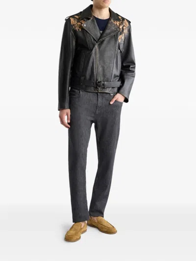 Etro Leather Biker Jacket With Placed Leopard Print In Black