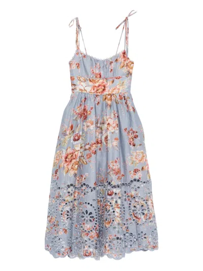 Zimmermann Womens Chambray Floral Awaken Picnic Floral Linen Midi Dress Xxs In Blue