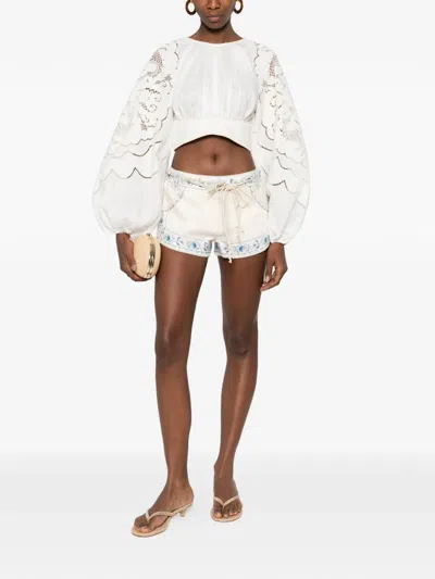 Zimmermann Wanderlust Mini Shorts Embroidered Pockets Beltloops In Neutral