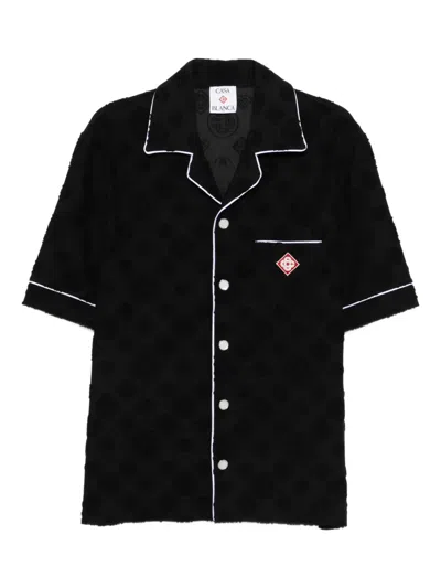 Casablanca Men Black Shirt With Classic Lapels And All-over Embossed Monogram In Cotton Man