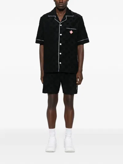 Casablanca Men Black Shirt With Classic Lapels And All-over Embossed Monogram In Cotton Man