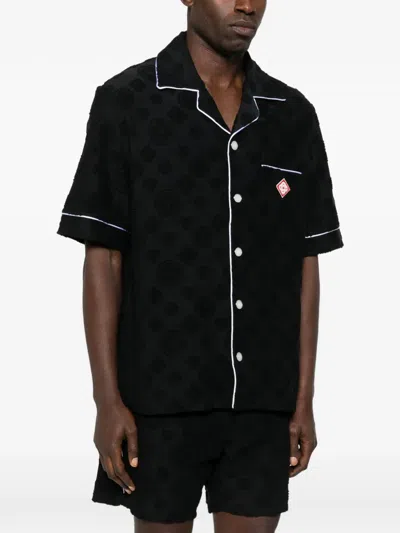 Casablanca Men Black Shirt With Classic Lapels And All-over Embossed Monogram In Cotton Man