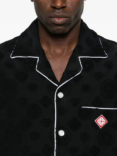 Casablanca Men Black Shirt With Classic Lapels And All-over Embossed Monogram In Cotton Man