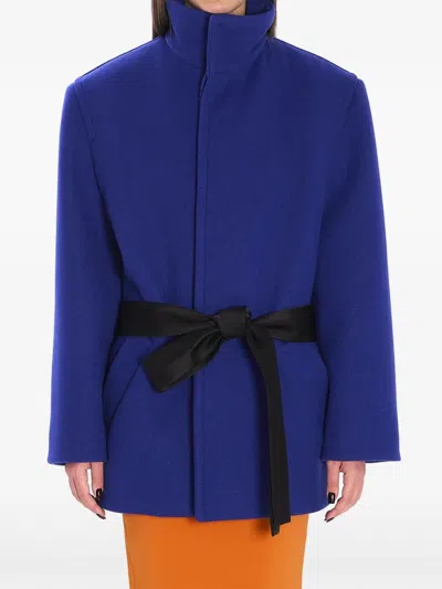 Saint Laurent Boxy Wool Coat Removable Silk Belt In Blue