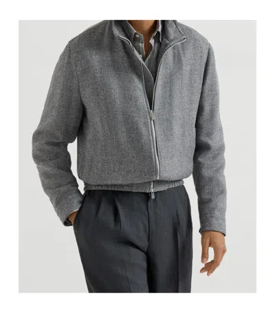 Brunello Cucinelli Stand Collar Hopsack Outerwear Jacket In Gray